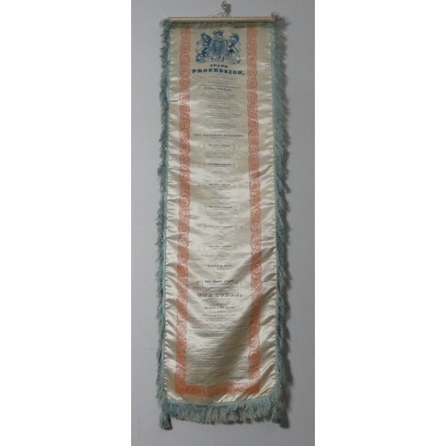 532 - The State Procession of Queen Victoria, 9th November 1837, a silk scroll depicting the order of the ... 