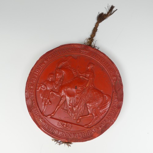 533 - A Victorian red wax 'Great Seal of the Realm', 15.7cm diameter, metal case base only.... 