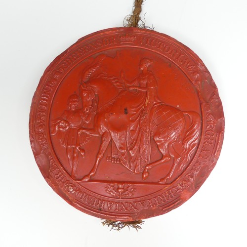 533 - A Victorian red wax 'Great Seal of the Realm', 15.7cm diameter, metal case base only.... 