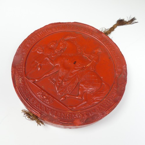 533 - A Victorian red wax 'Great Seal of the Realm', 15.7cm diameter, metal case base only.... 