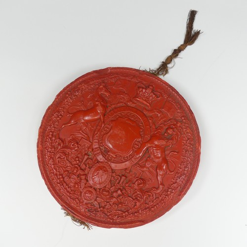 533 - A Victorian red wax 'Great Seal of the Realm', 15.7cm diameter, metal case base only.... 