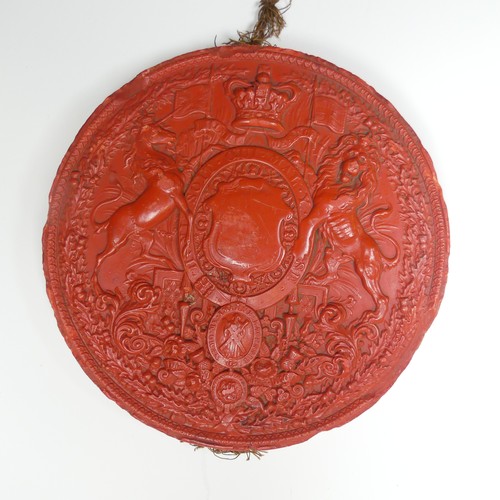 533 - A Victorian red wax 'Great Seal of the Realm', 15.7cm diameter, metal case base only.... 