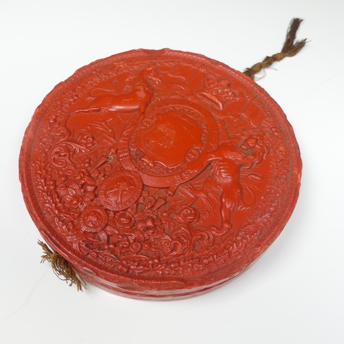 533 - A Victorian red wax 'Great Seal of the Realm', 15.7cm diameter, metal case base only.... 