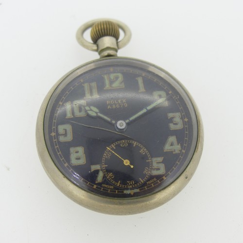 A Rolex military issue Pocket Watch, the open face black dial with luminous Arabic Numerals and hands, subsidiary seconds dial and signed 'Rolex A8679', correspondingly numbered on screw fitting caseback and with arrow mark and 'G.S.MK.II', manual crown wind movement, 48mm diameter, currently running.