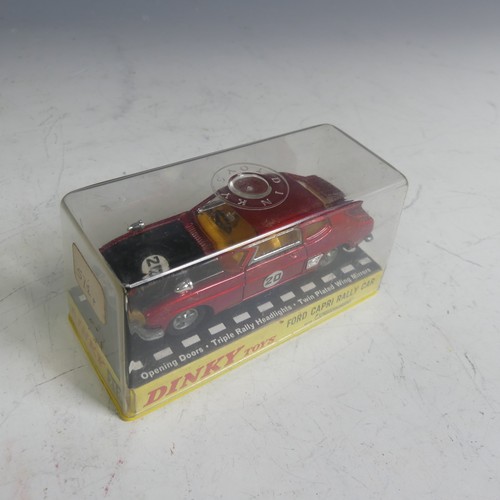 790 - Dinky 213 Ford Capri Rally Car, with Speedwheels, metallic red, black bonnet, yellow interior, chrom... 