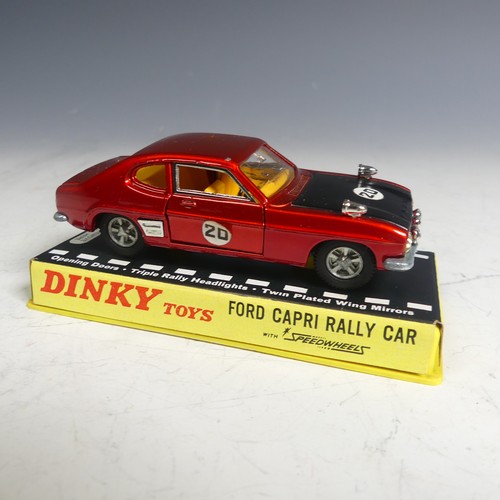 790 - Dinky 213 Ford Capri Rally Car, with Speedwheels, metallic red, black bonnet, yellow interior, chrom... 