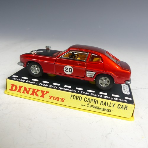 790 - Dinky 213 Ford Capri Rally Car, with Speedwheels, metallic red, black bonnet, yellow interior, chrom... 