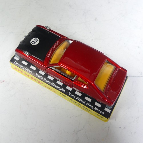 790 - Dinky 213 Ford Capri Rally Car, with Speedwheels, metallic red, black bonnet, yellow interior, chrom... 