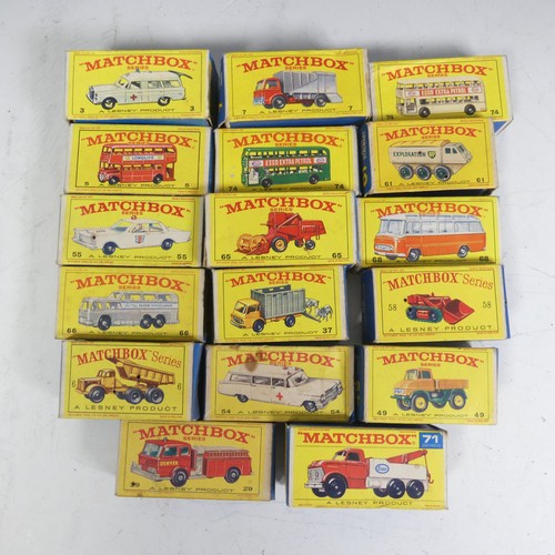 791 - Lesney Matchbox Series, seventeen boxed models: 3 Mercedes, 5 London Bus, 6 Euclid, 7 Truck, 29 Fire... 