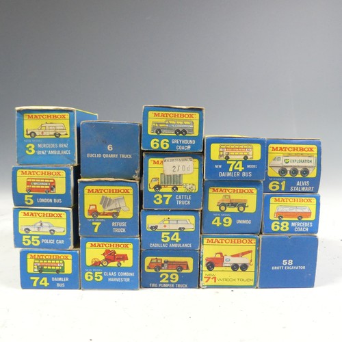 791 - Lesney Matchbox Series, seventeen boxed models: 3 Mercedes, 5 London Bus, 6 Euclid, 7 Truck, 29 Fire... 