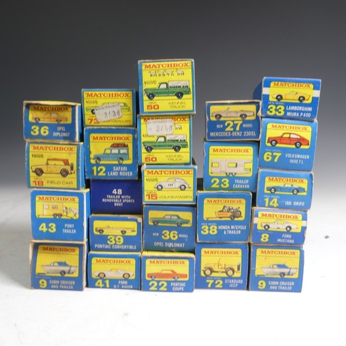 795 - Lesney Matchbox Series, twenty-three boxed models: 8 Mustang, 2 x 9 Cruiser/Trailer, 12 Land Rover, ... 