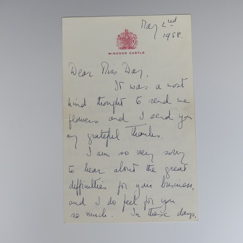 H.M Queen Elizabeth II; A handwritten Letter dated 2nd May 1958, on Windsor Castle headed note paper to Kate Day, Her Majesty's Milliner;