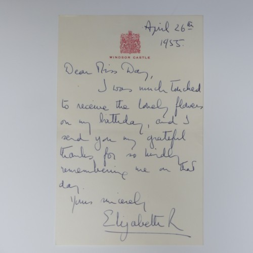 541 - H.M Queen Elizabeth II; A handwritten Letter dated April 26th 1955, on Windsor Castle headed note pa... 