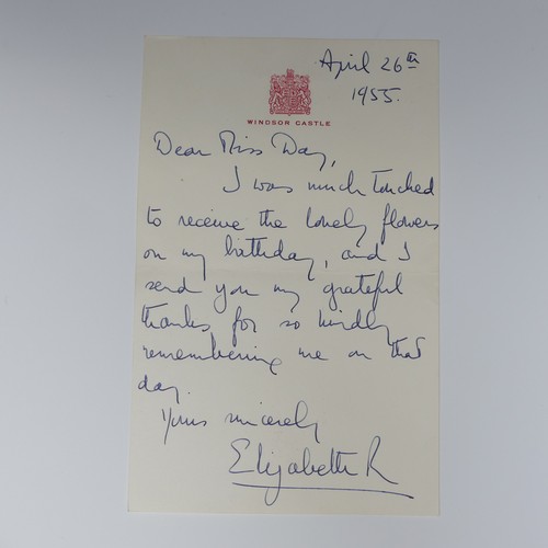 541 - H.M Queen Elizabeth II; A handwritten Letter dated April 26th 1955, on Windsor Castle headed note pa... 