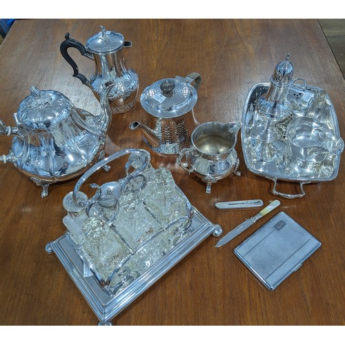 136 - A quantity of Silver Plate, including a cruet stand, teapots, caster, cigarette case etc., (a lot)... 