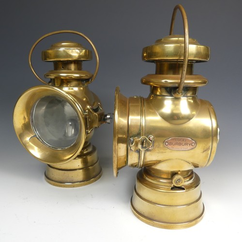 662 - A pair of brass 'Lucas Burbury early motor car Lamps, with loop handles and screw attachments, H 32 ... 