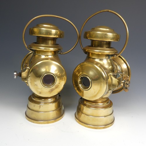 662 - A pair of brass 'Lucas Burbury early motor car Lamps, with loop handles and screw attachments, H 32 ... 