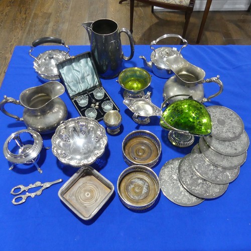 73 - A quantity of Silver Plate, including kettles on stand, bottle coasters, plates, jugs etc., (a lot)... 