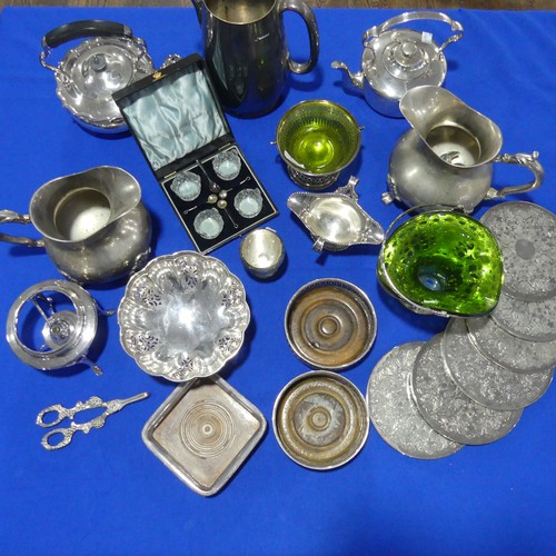 73 - A quantity of Silver Plate, including kettles on stand, bottle coasters, plates, jugs etc., (a lot)... 