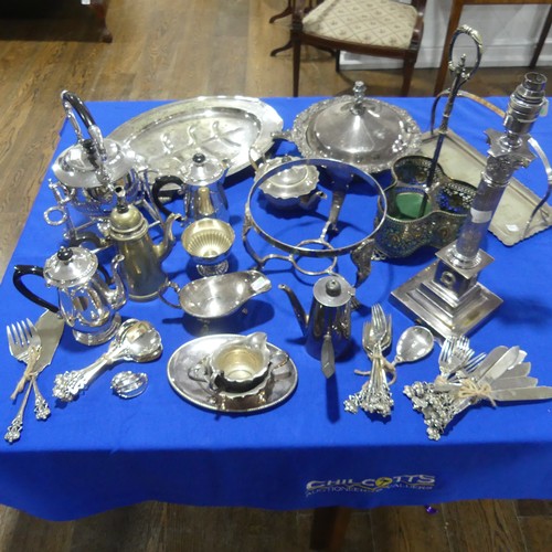 71 - A quantity of Silver Plate, including a Corinthian Column electric lamp base, a kettle on stand, bot... 