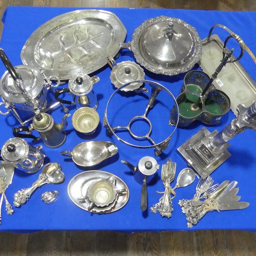 71 - A quantity of Silver Plate, including a Corinthian Column electric lamp base, a kettle on stand, bot... 