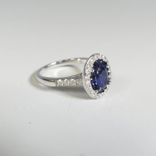 276 - A sapphire and diamond Cluster Ring, the central oval facetted sapphire, approx. 7mm long four claw ... 