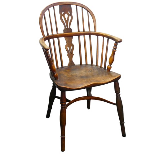 321 - A 19thC ash, elm and yew Windsor Armchair, stick back with shaped and pierced splat above moulded sa... 