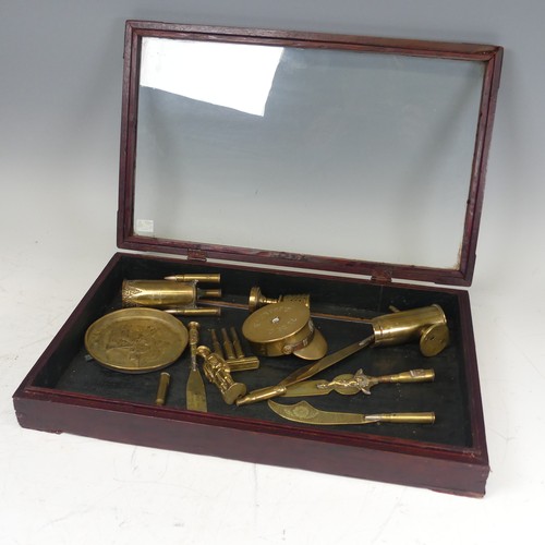 439 - A Quantity of WW1 & WW2 Trench Art in Display Case, such as ; four Letter openers, Dish, Casings... 