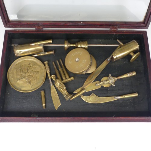 439 - A Quantity of WW1 & WW2 Trench Art in Display Case, such as ; four Letter openers, Dish, Casings... 