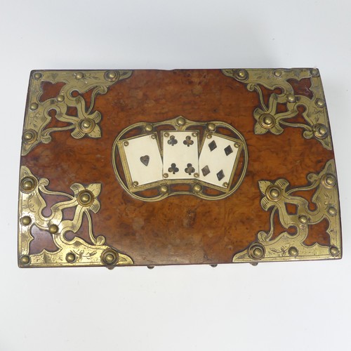 441 - A Victorian walnut games / playing card Box, the hinged lid with brass corner mounts and central dep... 