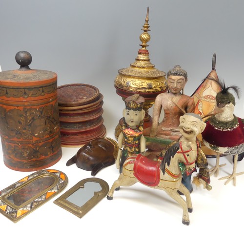 443 - A quantity of Vintage Continental style Items, such as ; painted wooden Jar, Puppets, Buddha, Shade,... 