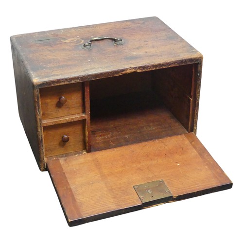 444 - An antique collection/donation Box, with fall front revealing fitted interior and hidden drawer, W 3... 