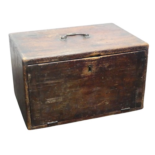 444 - An antique collection/donation Box, with fall front revealing fitted interior and hidden drawer, W 3... 