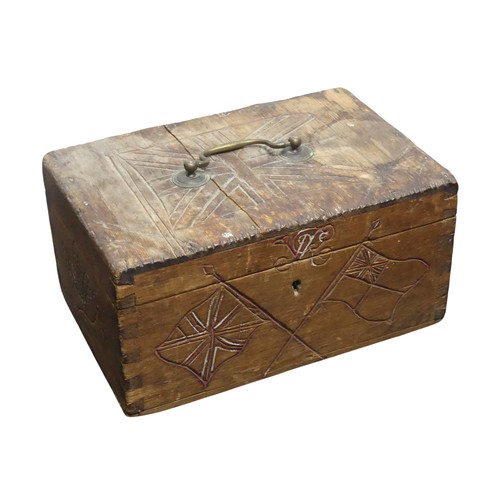 444 - An antique collection/donation Box, with fall front revealing fitted interior and hidden drawer, W 3... 