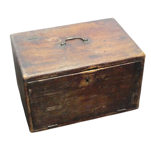 444 - An antique collection/donation Box, with fall front revealing fitted interior and hidden drawer, W 3... 