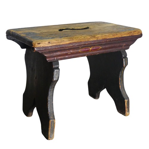 345 - An early 19th century painted Stool, with pierced handle top, W 36.5 cm x H 29 cm x D 24 cm, togethe... 