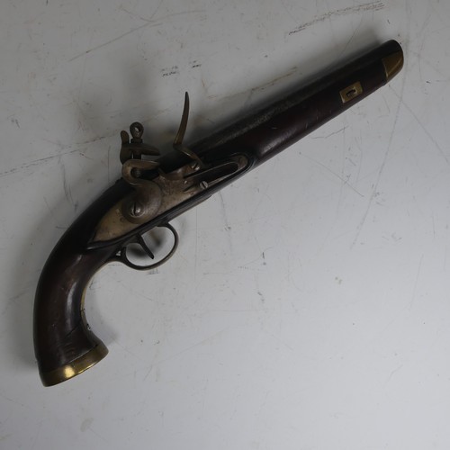 39 - A sea service flintlock Pistol, possibly Belgian, 9 inch steel barrel, full length stock with brass ... 