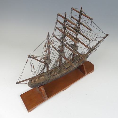 55 - 19th century carved wood model of a three-mast sailing ship, possibly Napoleonic prisoner of war, on... 