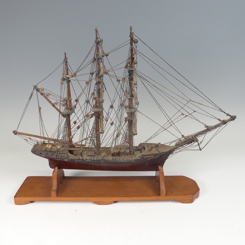 55 - 19th century carved wood model of a three-mast sailing ship, possibly Napoleonic prisoner of war, on... 