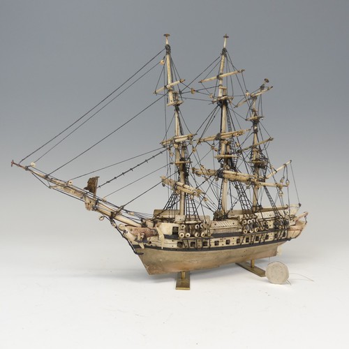 56 - 19th century Napoleonic Prisoner of War carved bone model of a three mast thirty-six gun Frigate, on... 