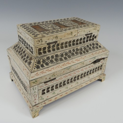 61 - Early 19th century French Prisoner of War carved bone Sewing Box, of rectangular form with geometric... 