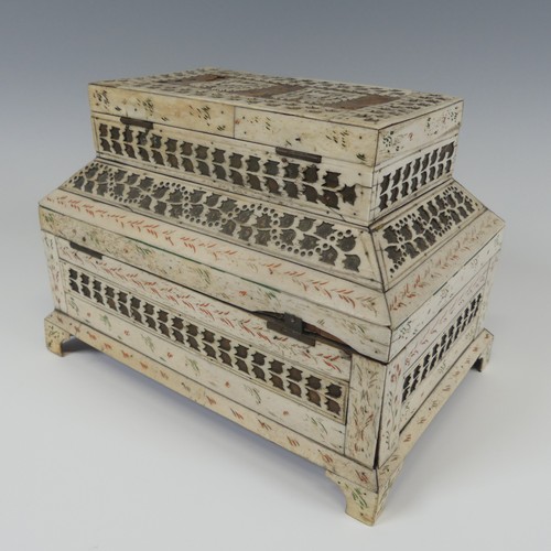 61 - Early 19th century French Prisoner of War carved bone Sewing Box, of rectangular form with geometric... 