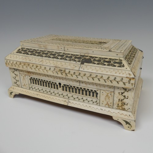 61 - Early 19th century French Prisoner of War carved bone Sewing Box, of rectangular form with geometric... 