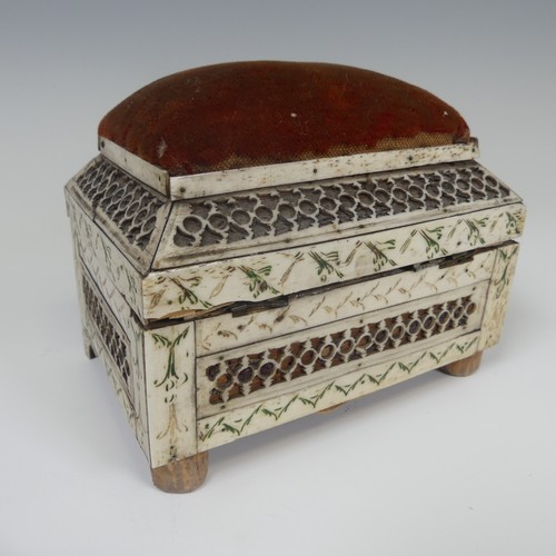 61 - Early 19th century French Prisoner of War carved bone Sewing Box, of rectangular form with geometric... 