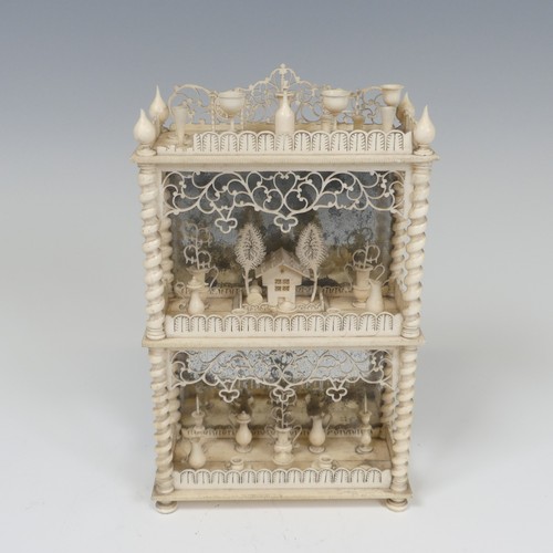 62 - 19th century Napoleonic Prisoner of War carved and turned bone miniature three-tier mirror-back What... 