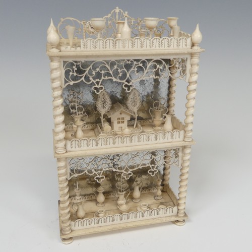 62 - 19th century Napoleonic Prisoner of War carved and turned bone miniature three-tier mirror-back What... 