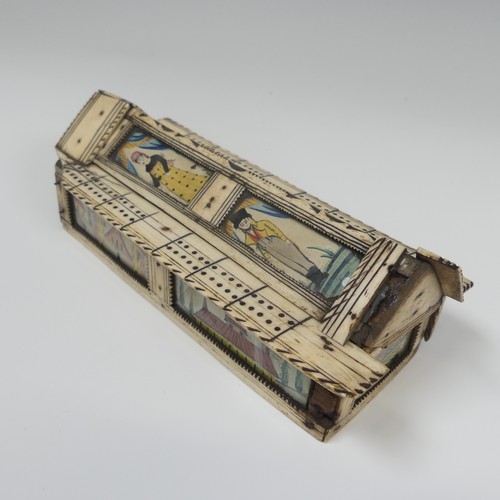 63 - Early 19th century French Prisoner of War bone veneered Cribbage and Dominoes box, of shaped rectang... 