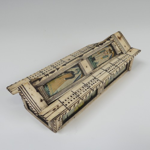 63 - Early 19th century French Prisoner of War bone veneered Cribbage and Dominoes box, of shaped rectang... 