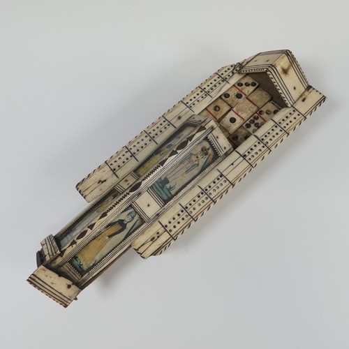 63 - Early 19th century French Prisoner of War bone veneered Cribbage and Dominoes box, of shaped rectang... 