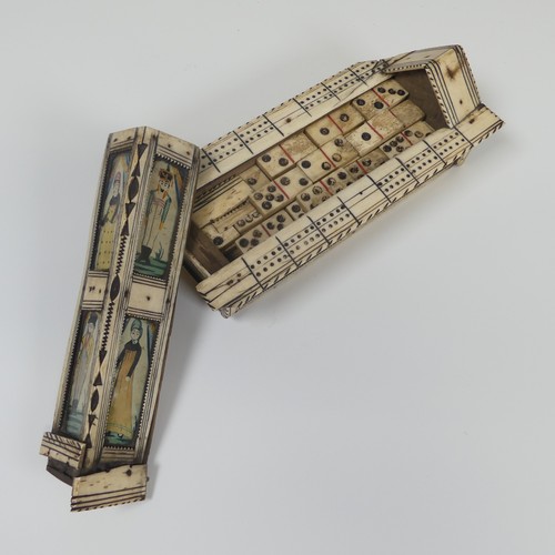 63 - Early 19th century French Prisoner of War bone veneered Cribbage and Dominoes box, of shaped rectang... 